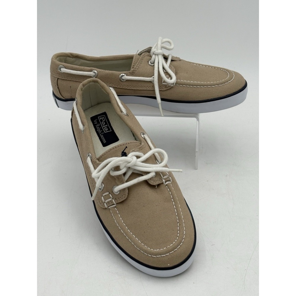 Polo Ralph Lauren Boys Tan Canvas Boat Shoes Size 2 Lace School‎ EUC